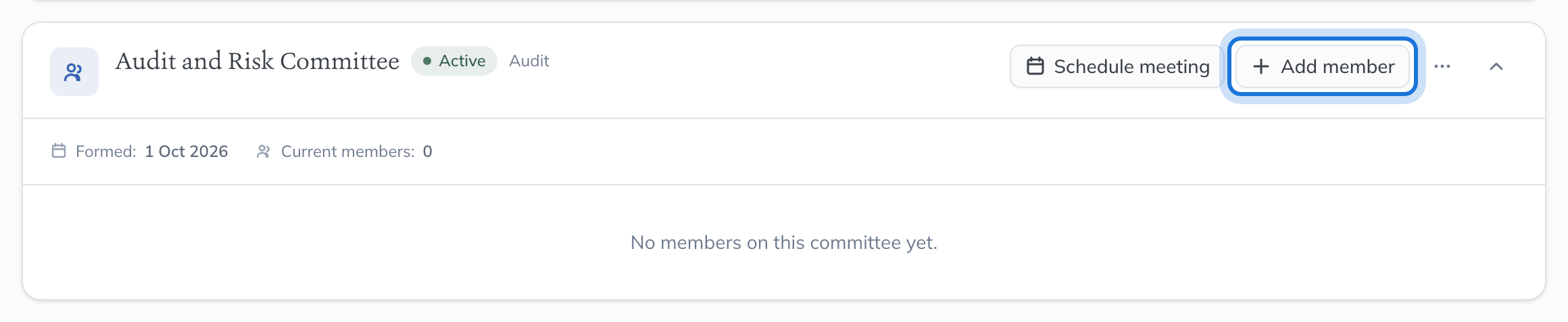 The new Audit and Risk Committee with no members yet, and Add member highlighted.
