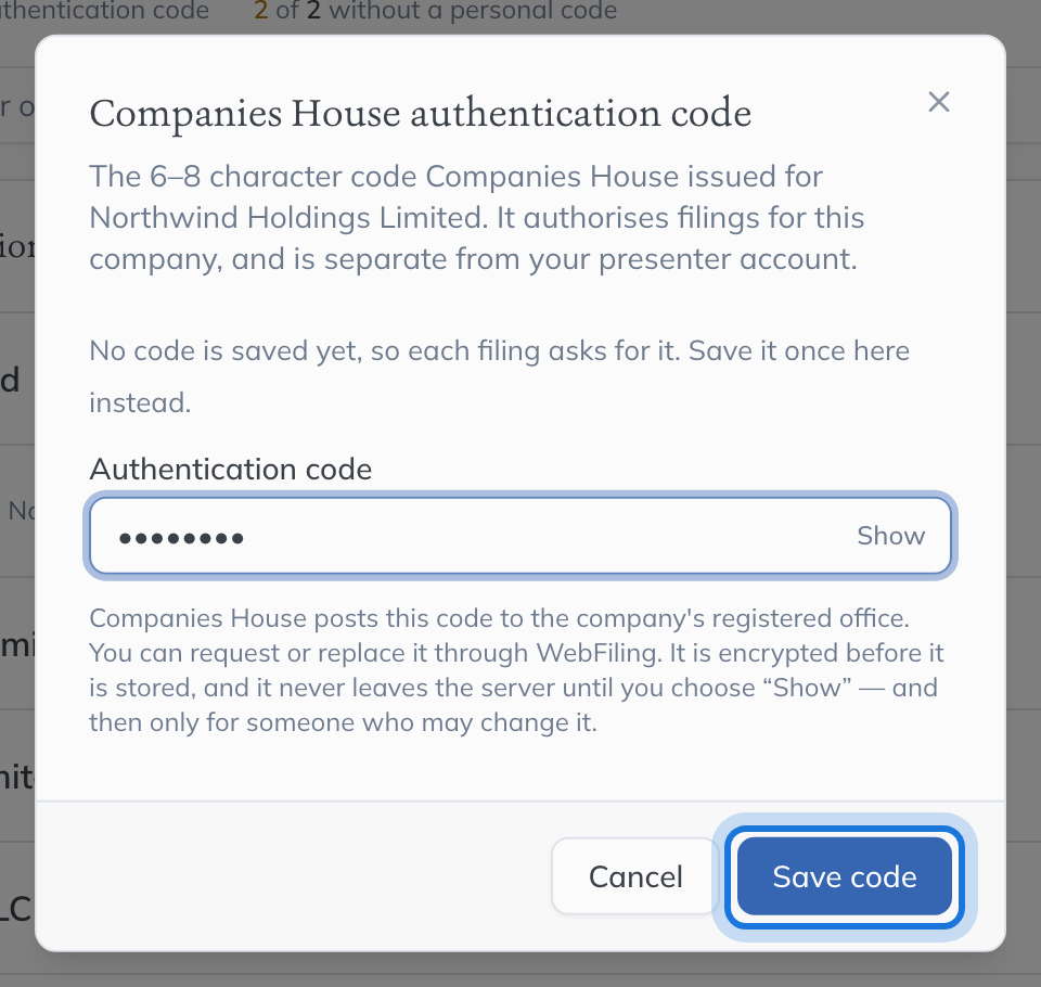 The Companies House authentication code dialog for Northwind Holdings Limited, with Save code highlighted.