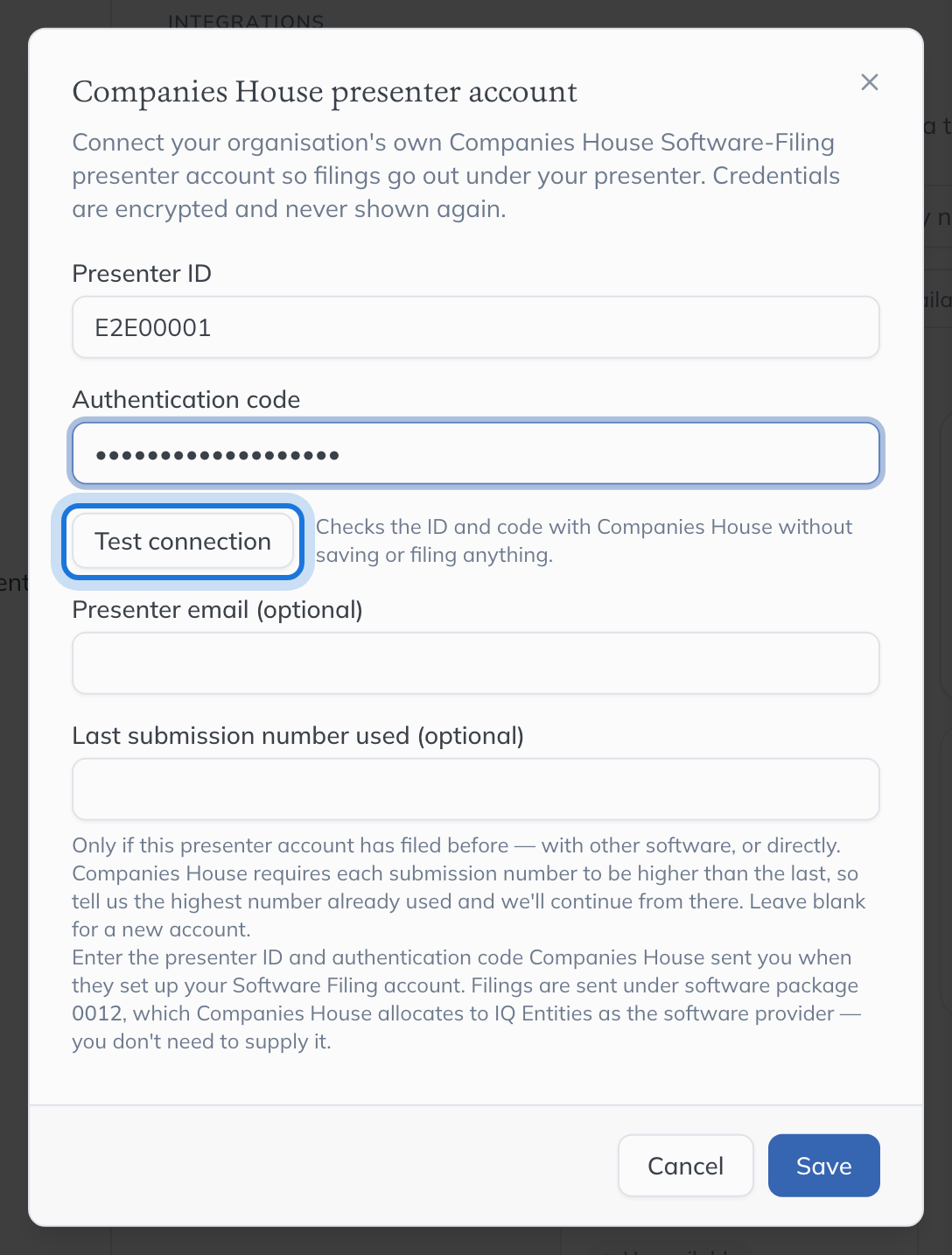 The Companies House presenter account dialog, asking for the presenter ID and authentication code, with Test connection.
