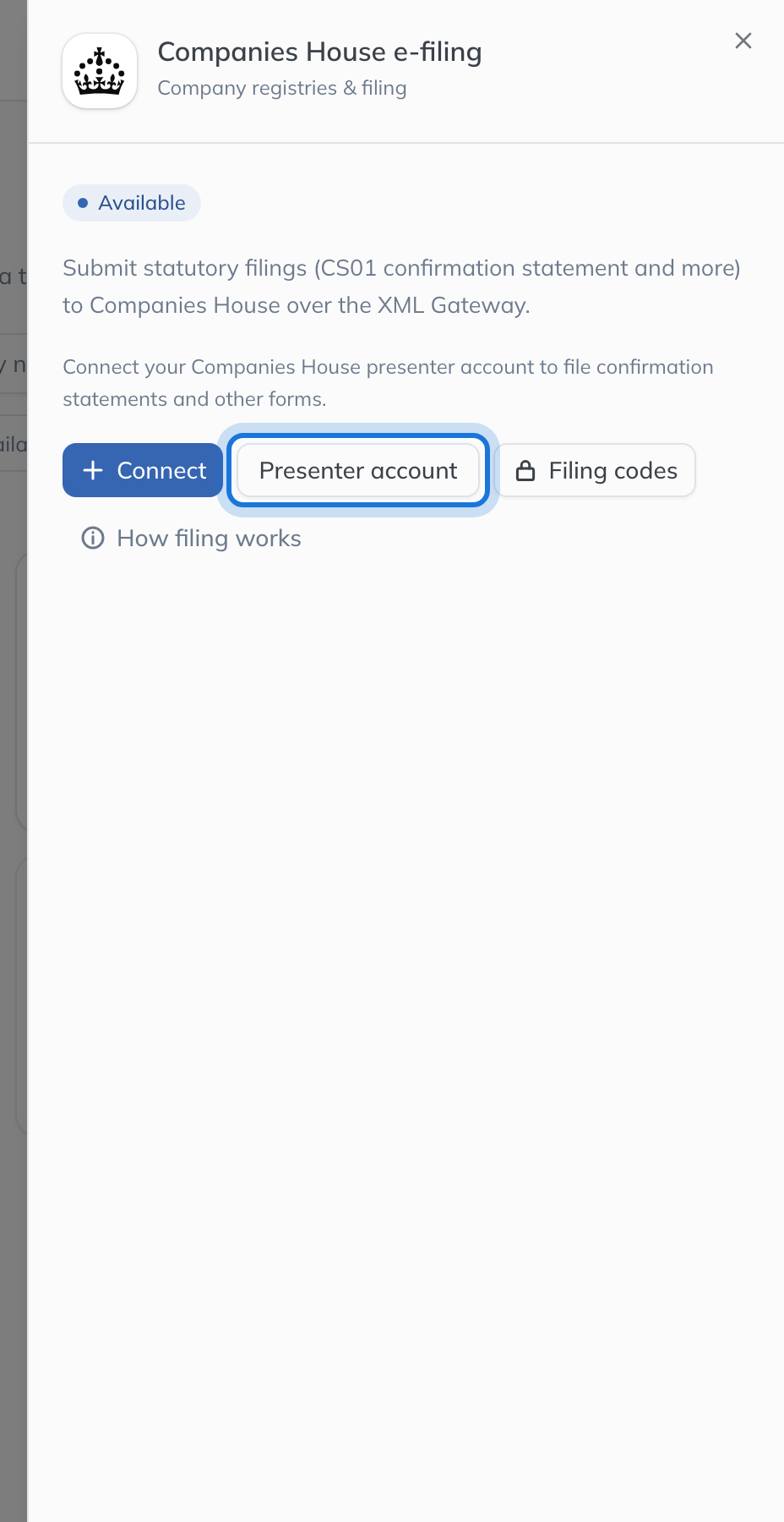 The Companies House e-filing panel, with Presenter account highlighted beside Filing codes and How filing works.