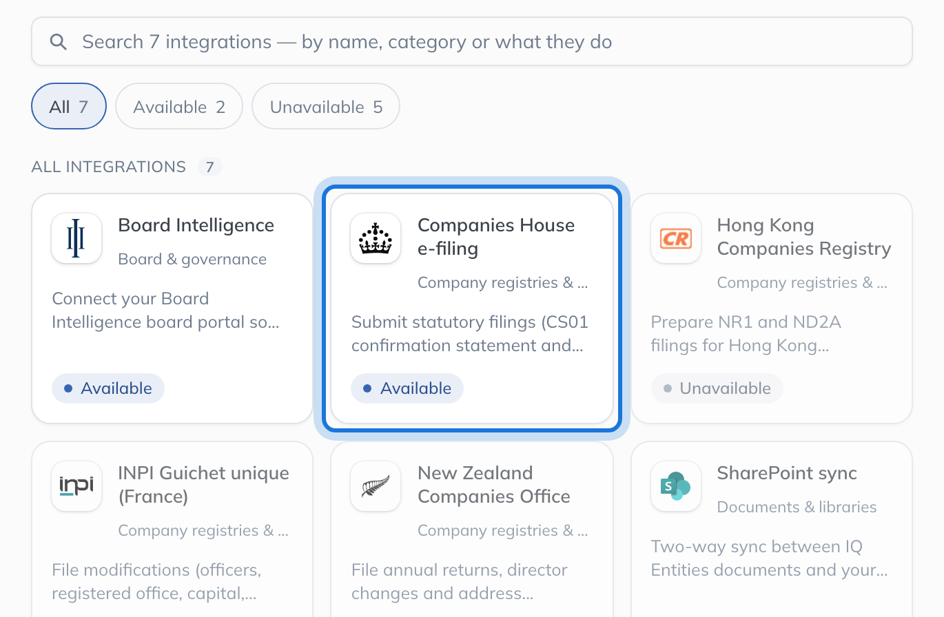 The Companies House e-filing tile on the Integrations page.