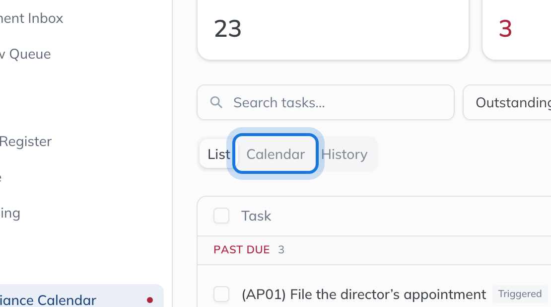 The List, Calendar and History tabs, with Calendar highlighted.