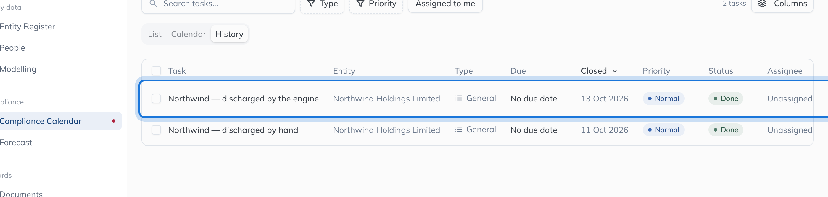 The History tab listing closed tasks with the date each one closed.