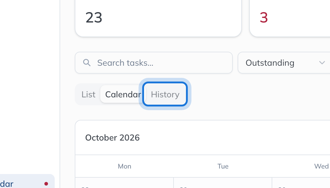 The History tab highlighted, with a badge counting the tasks closed since it was last opened.