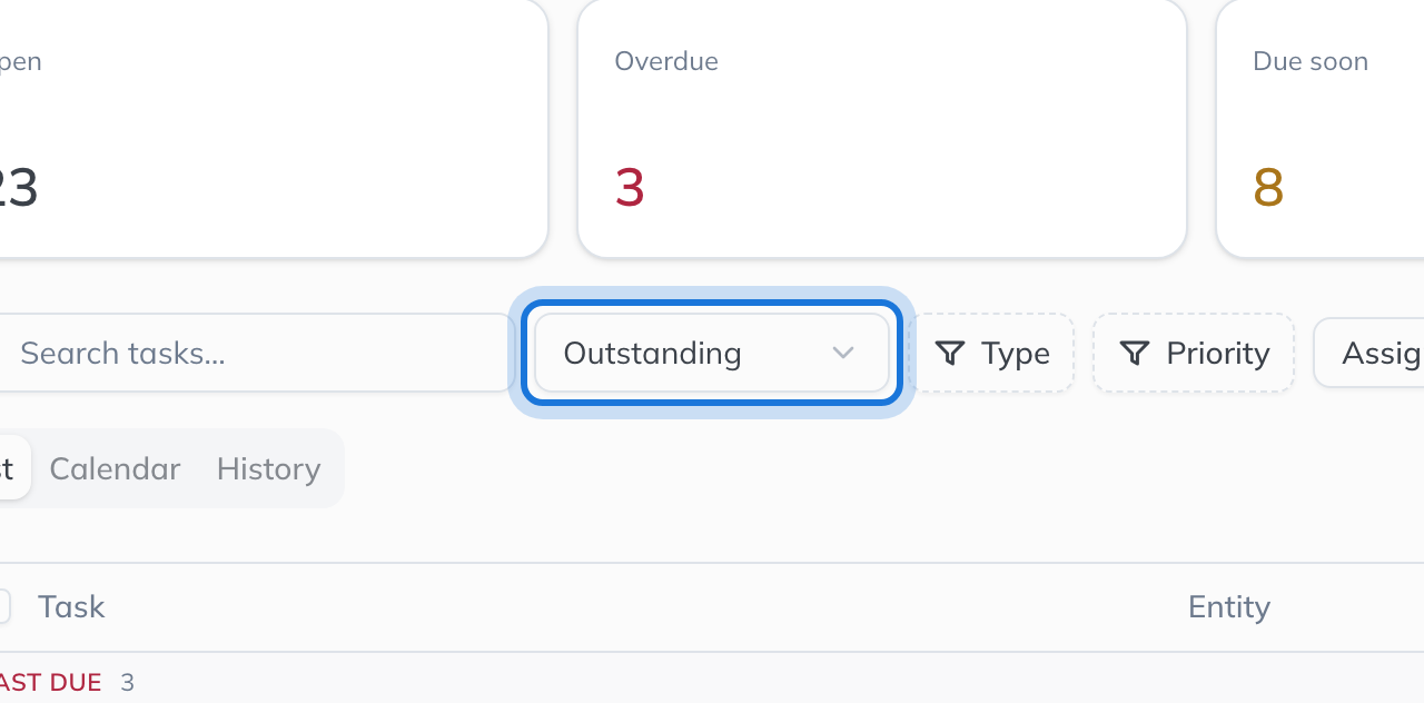 The search box, the status filter reading Outstanding, the Type and Priority filters and the Assigned to me button, with the status filter highlighted.