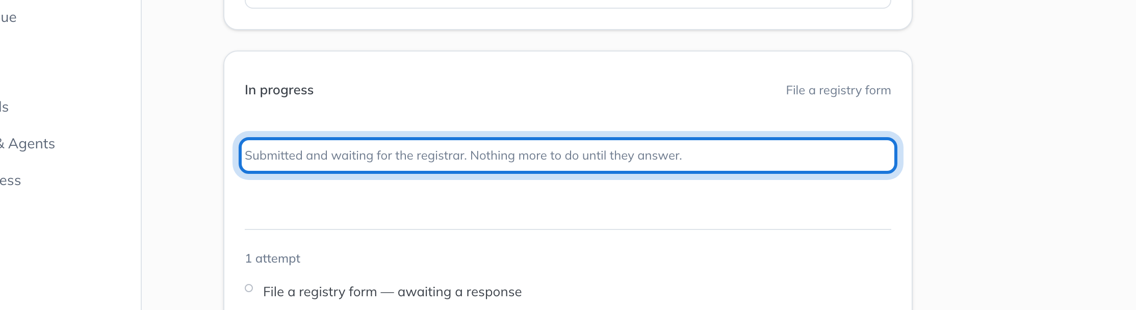 The task after filing, saying the statement is submitted and waiting for the registrar.