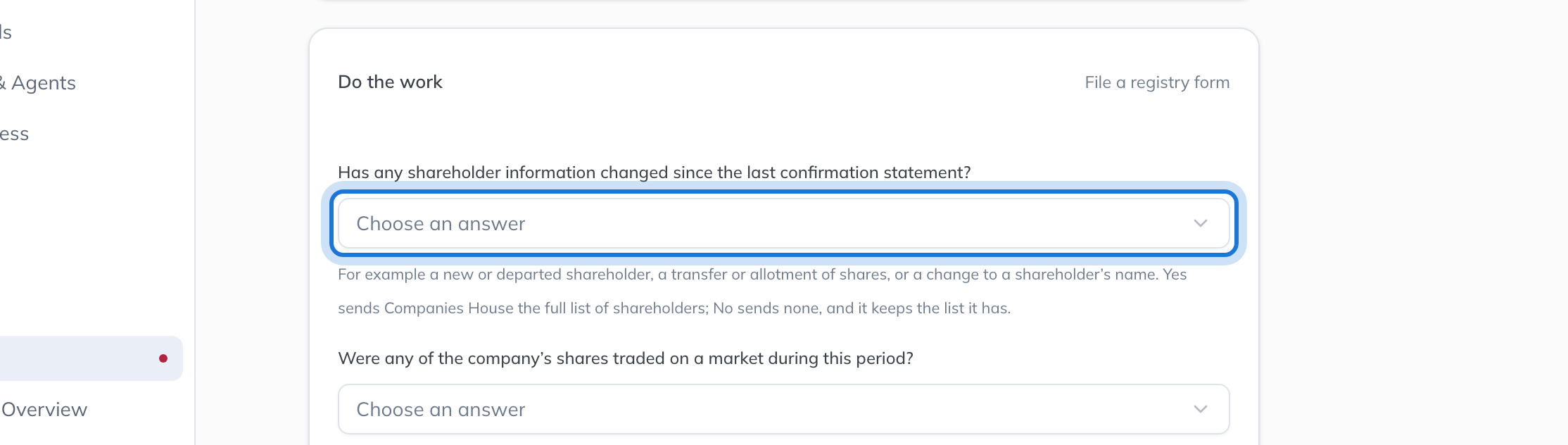 The confirmation statement task, asking whether any shareholder information has changed since the last confirmation statement.