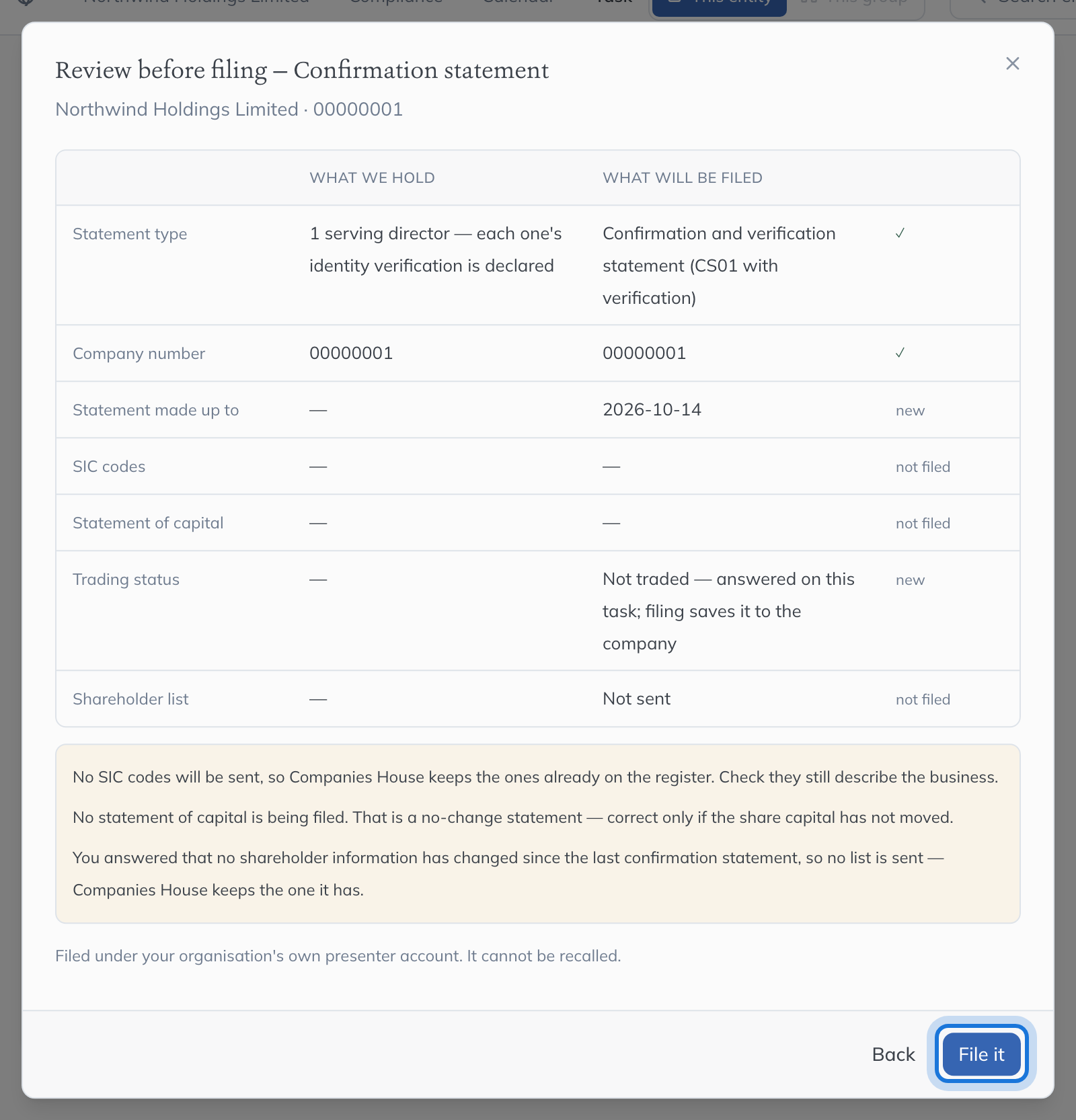 The Review before filing dialog for the confirmation statement, with File it highlighted.