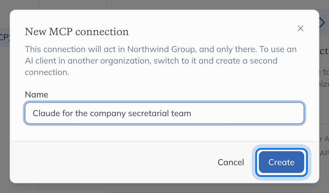 The New MCP connection window, with a name typed and Create highlighted.