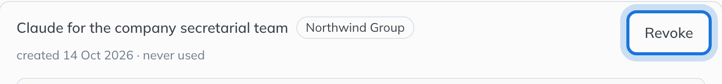 The new connection in the list: its name, the organisation it works in, when it was created, and Revoke.