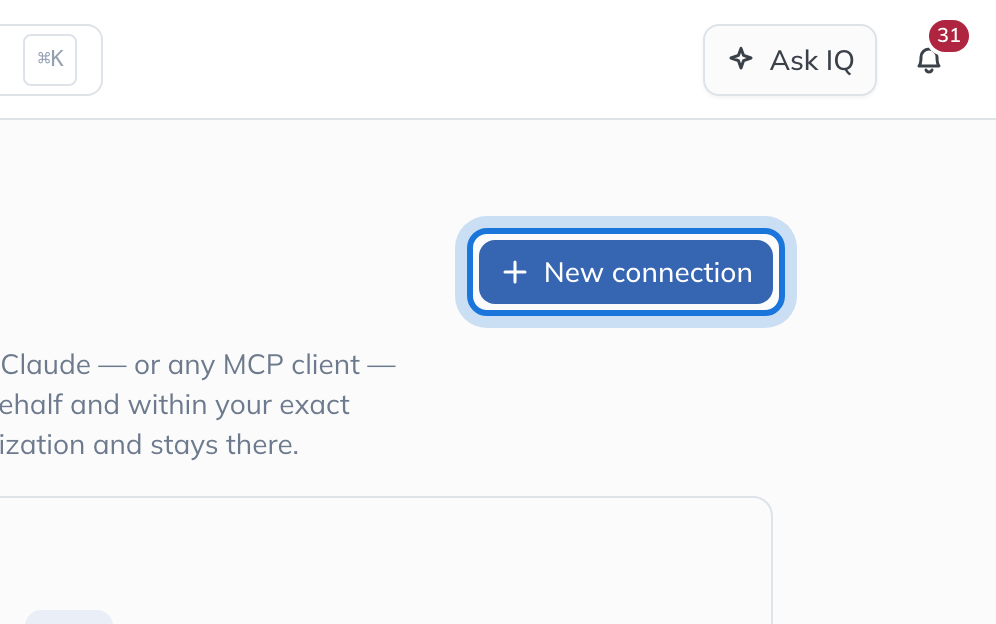 The Connect to Claude (MCP) page, with New connection highlighted.