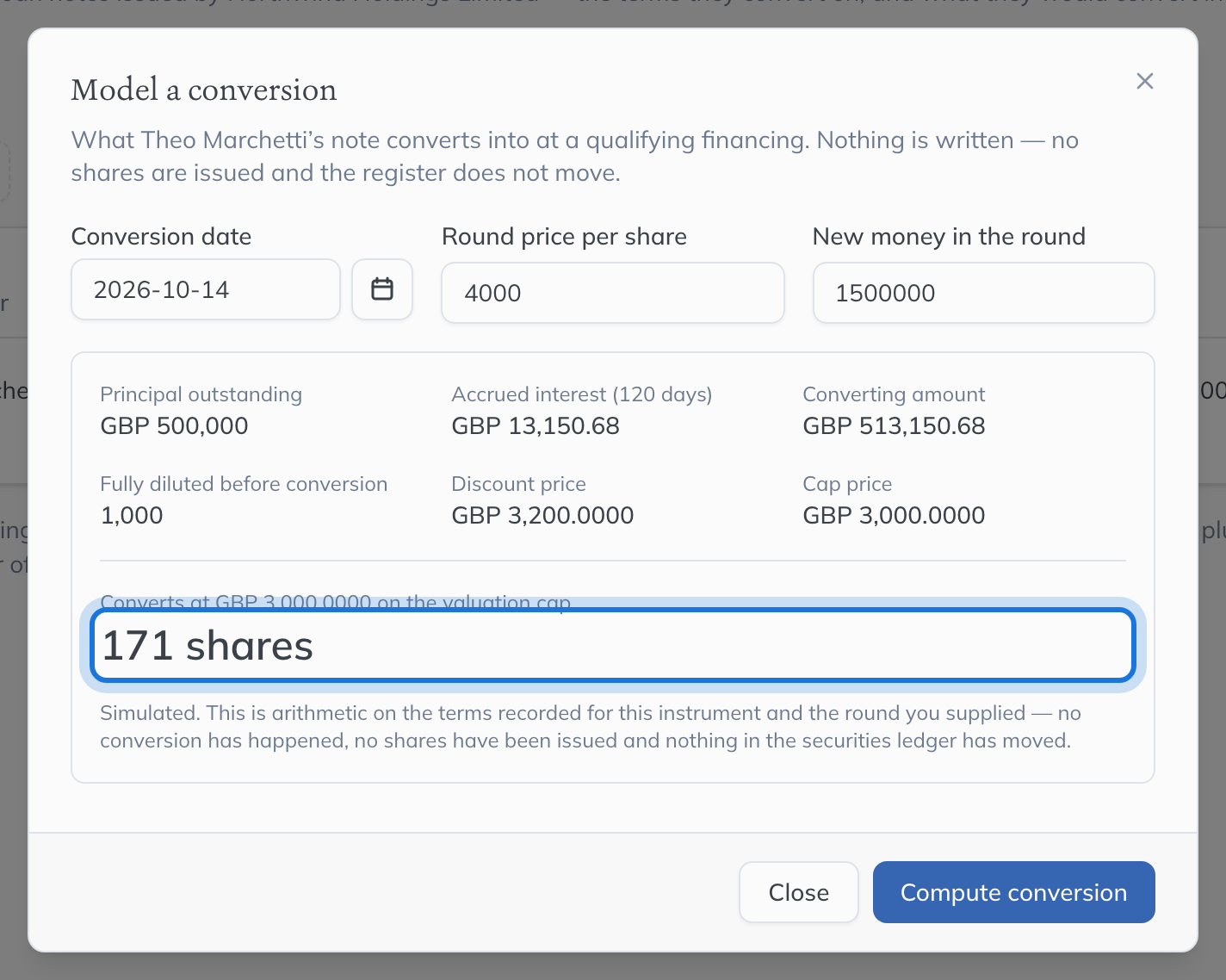 The Model a conversion dialog: the conversion date, the round price per share and the new money, with the computed conversion beneath.