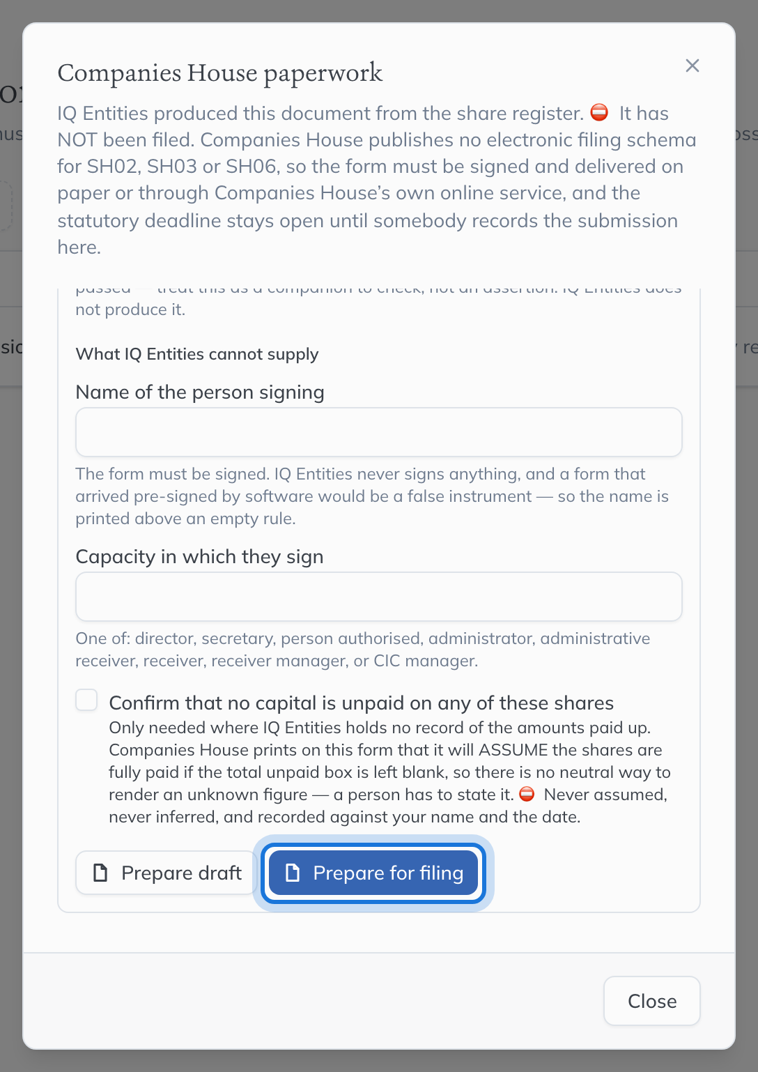 Further down the form’s card: what IQ Entities cannot supply, such as the name and capacity of the person signing, with Prepare for filing highlighted.