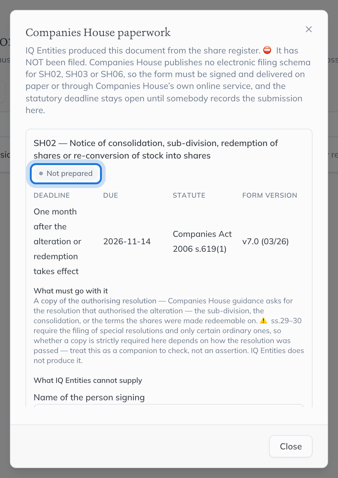 The Companies House paperwork dialog for the subdivision: the form owed, marked Not prepared, with its deadline, due date, statute and form version.
