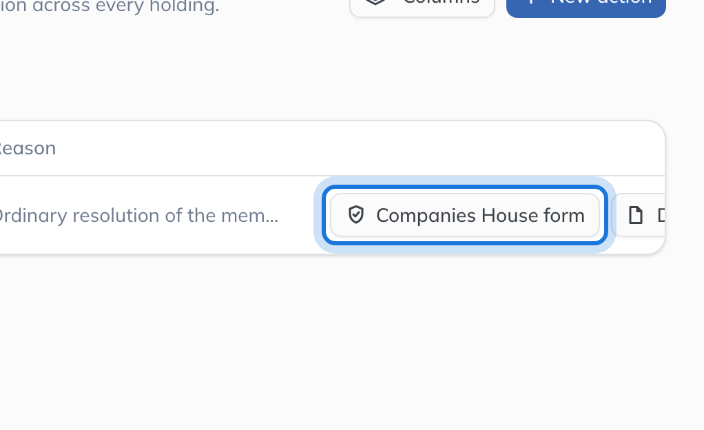 The subdivision in the list of corporate actions, marked Applied, with Companies House form highlighted at the end of its row.