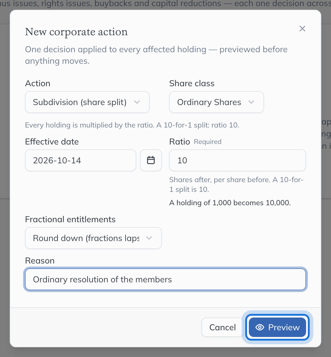 The New corporate action dialog: a subdivision of the Ordinary Shares at a ratio of 10, with the board resolution as the reason.
