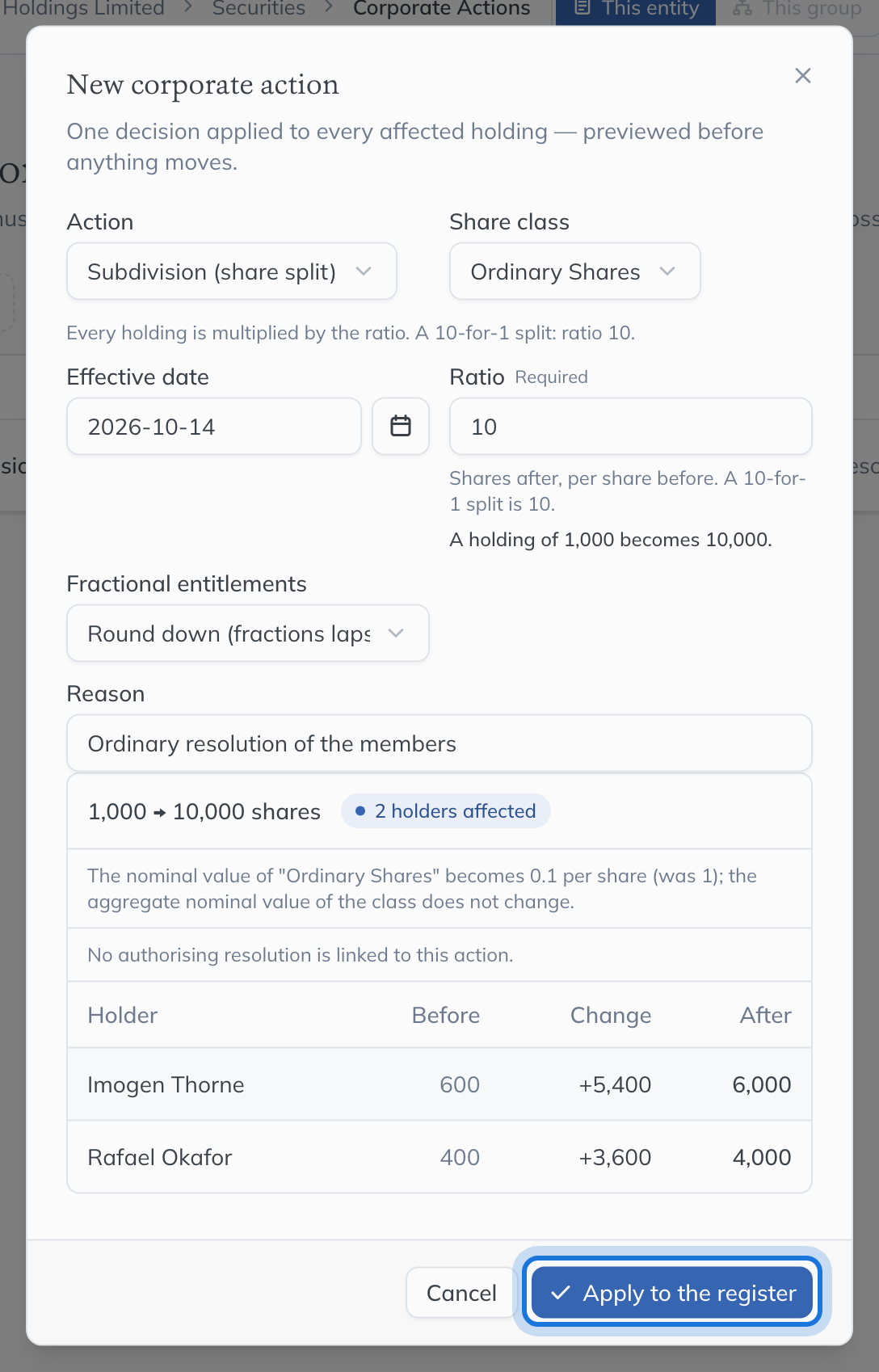 The preview: each holder’s shares before, the change and after, with Apply to the register highlighted.