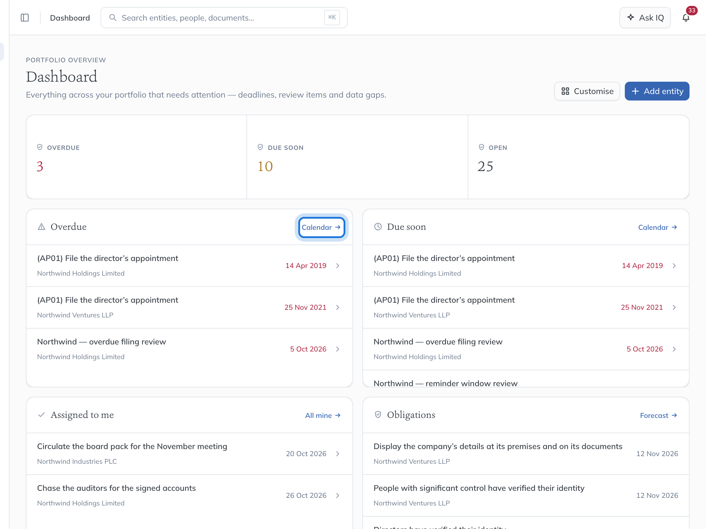 The Dashboard with the Overdue, Due soon, Assigned to me and Obligations cards, each listing tasks with their entity and date.
