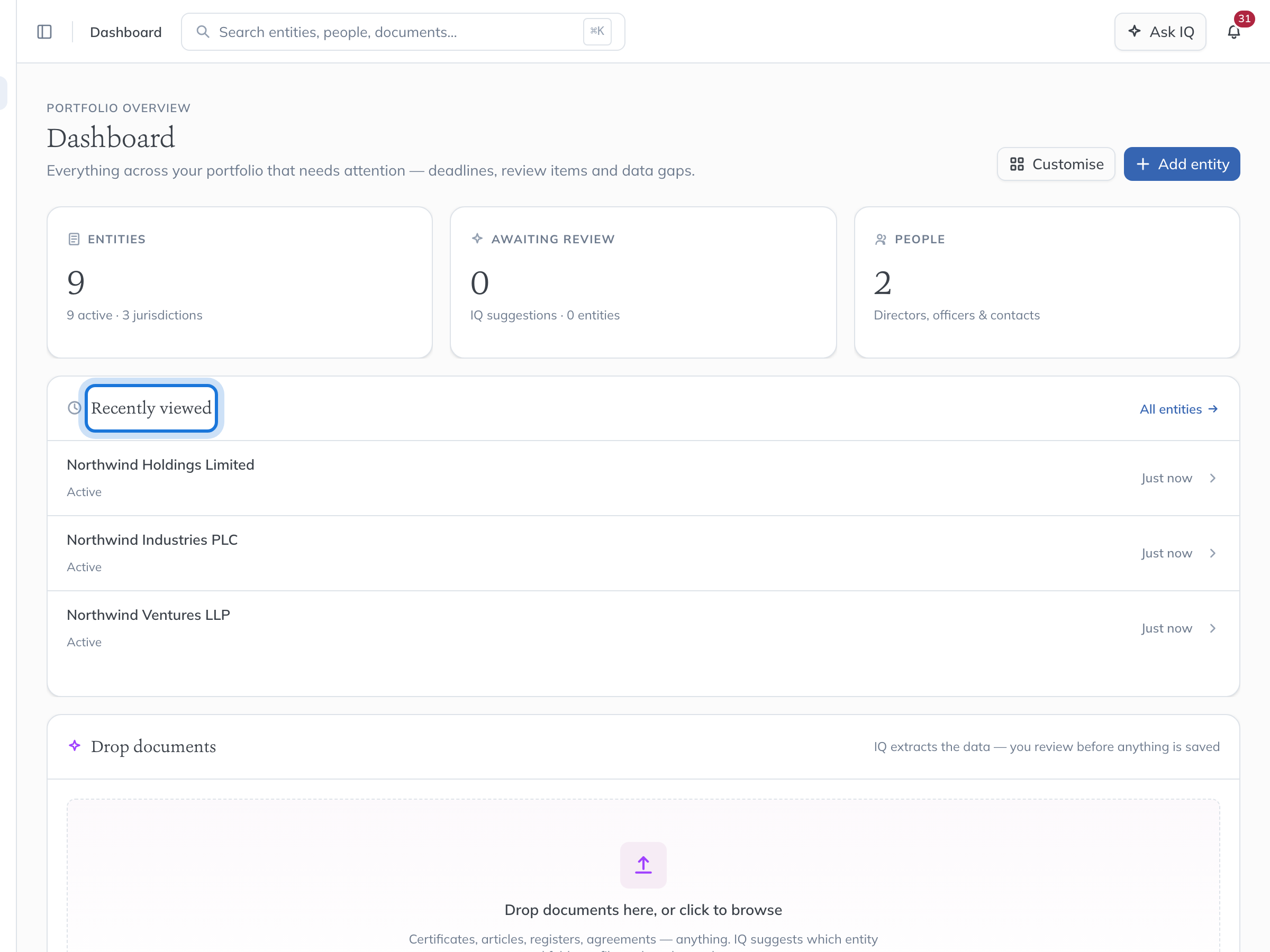The Dashboard: counts of entities, review items and people, then the companies you opened recently.