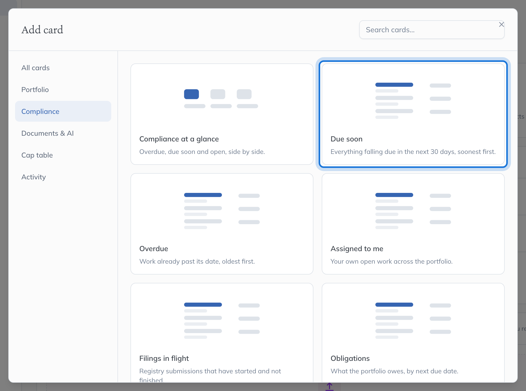 The Add card window on its Compliance category, listing the compliance cards that can be placed on the Dashboard.