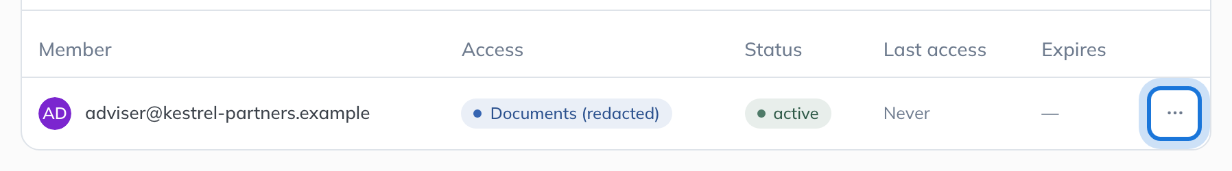 The adviser in the Members list, with their access level, status, last access and expiry, and the member actions button highlighted.