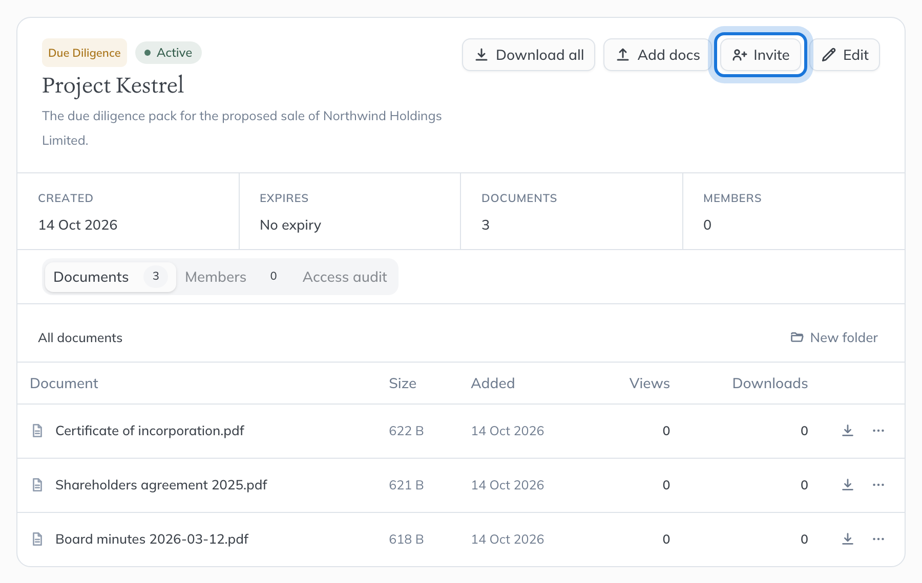 The Project Kestrel room: its purpose and status, Download all, Add docs, Invite and Edit, and its documents with how often each has been viewed and downloaded.