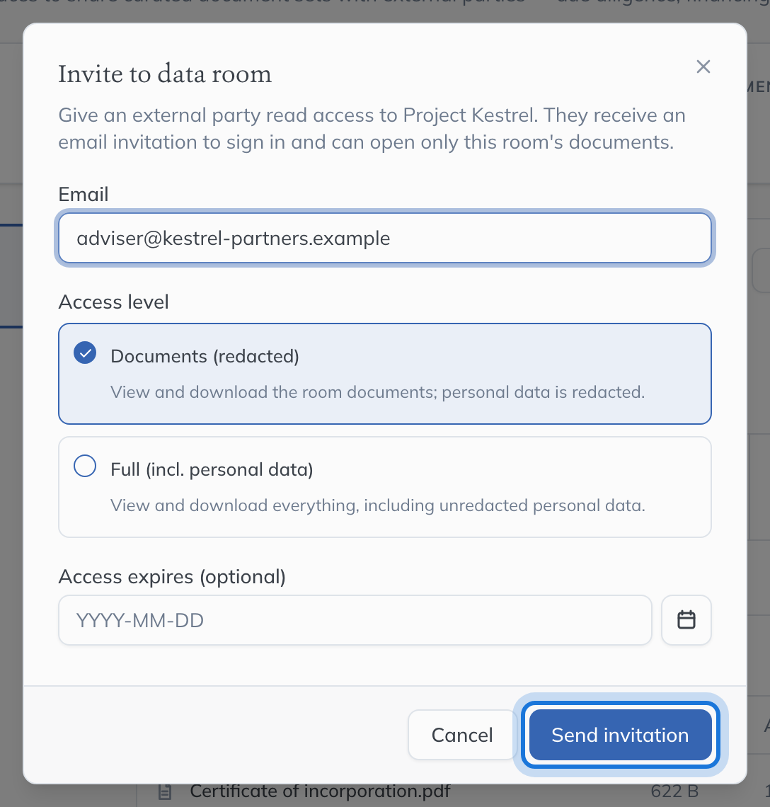 The Invite to data room dialog, with an adviser’s email, the access level Documents (redacted) chosen and Send invitation highlighted.