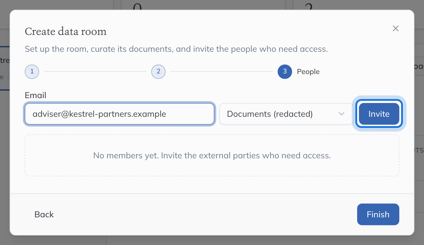 The People step, with an adviser’s email entered, the access level Documents (redacted) and Invite highlighted.