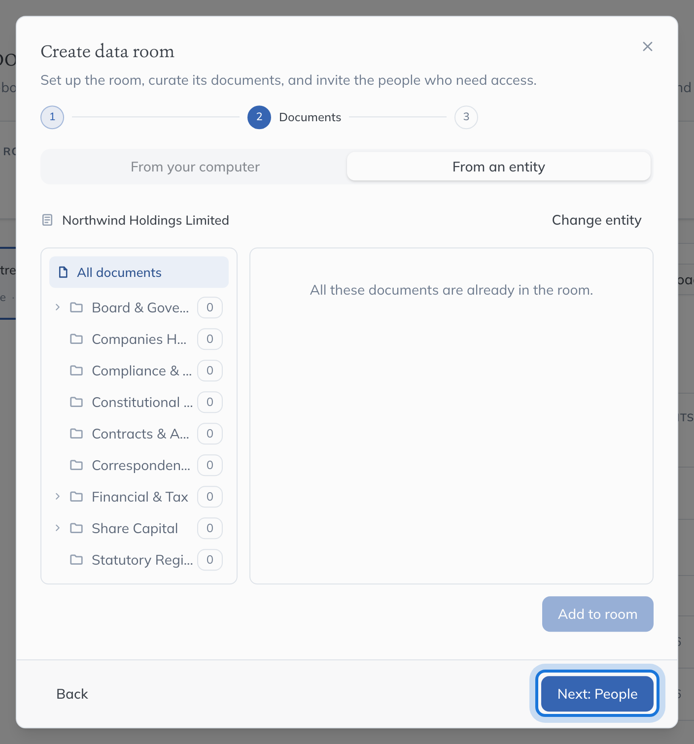 The Documents step after adding, with Next: People highlighted.