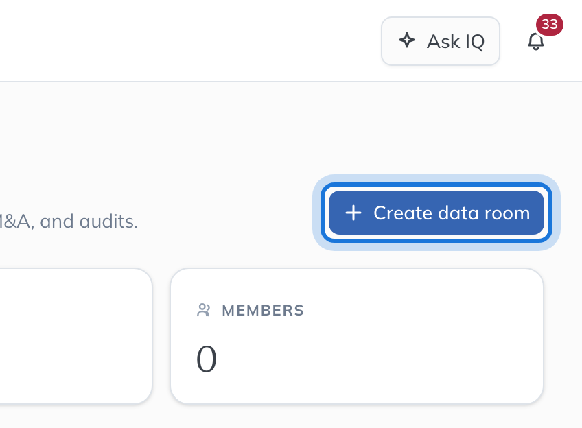 The Data Rooms page, with Create data room highlighted.