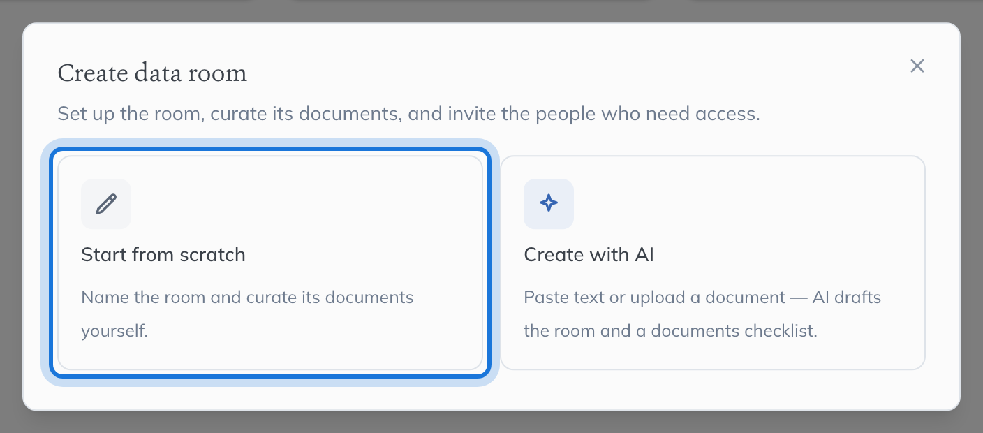 The Create data room dialog offering Start from scratch or Create with AI, with Start from scratch highlighted.