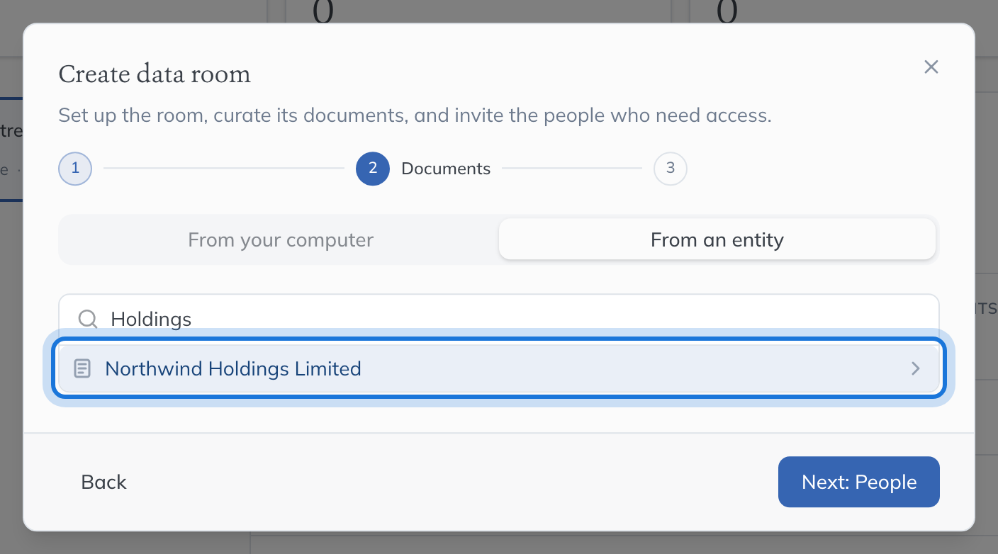 The entity list in the Documents step, with Northwind Holdings Limited highlighted.