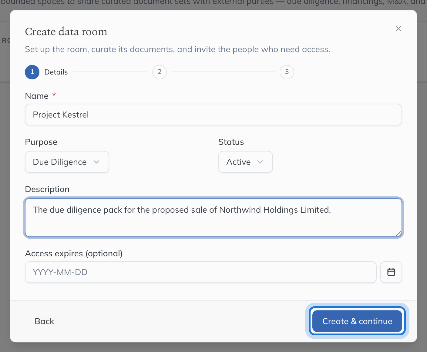 The Details step: the room named Project Kestrel, its purpose Due Diligence, status Active, a description and an optional expiry date, with Create & continue highlighted.