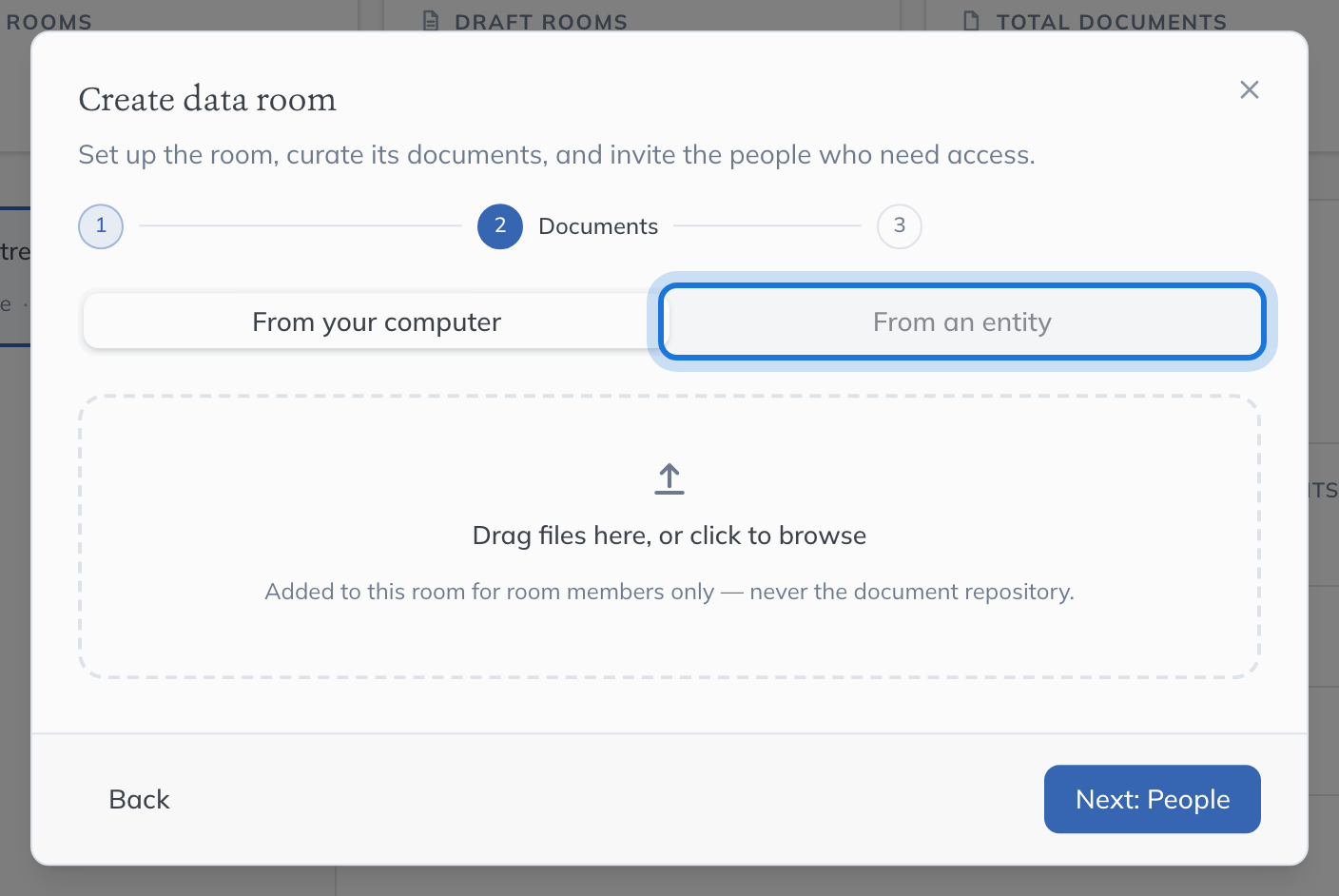 The Documents step, with the From an entity tab highlighted beside From your computer.