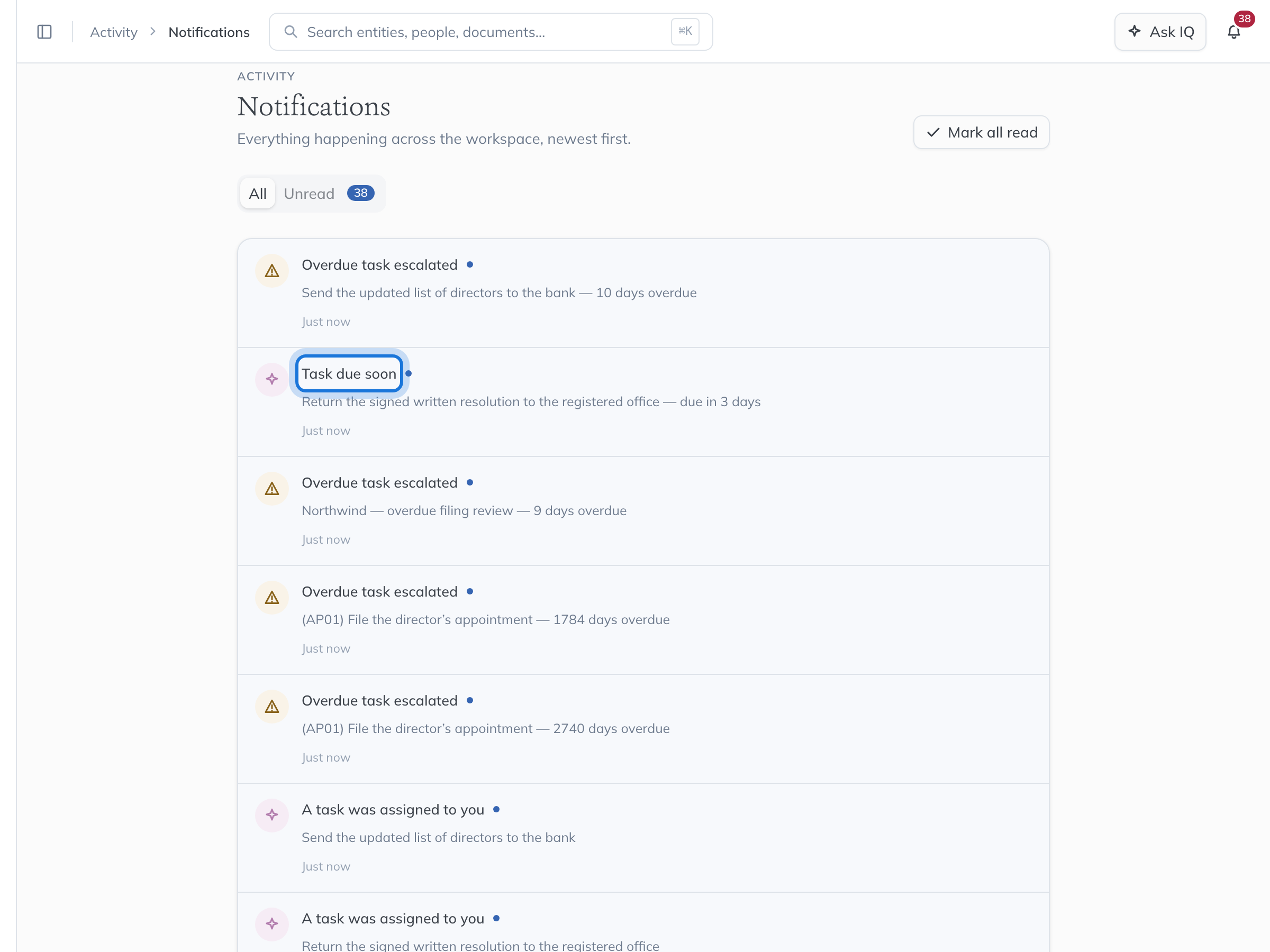 The Notifications page with a Task due soon reminder and an Overdue task escalated notice, each naming the task and the days left or overdue.