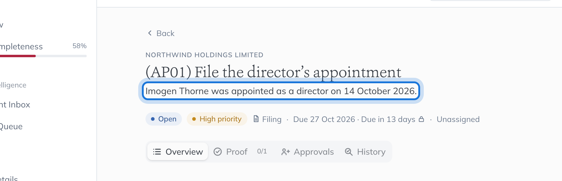 The AP01 task for Northwind Holdings Limited, saying which director was appointed and when.