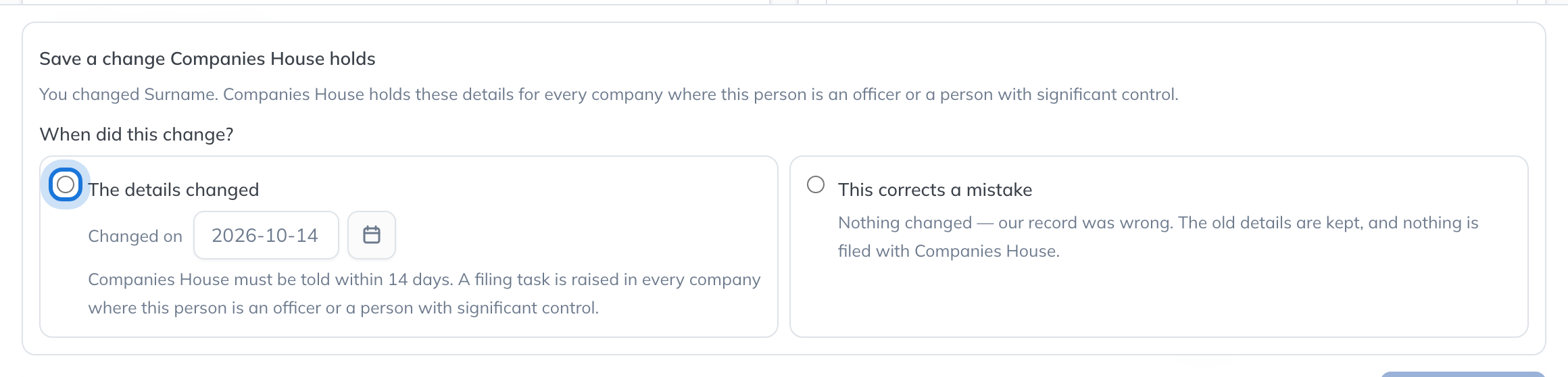 A director’s last name changed on their page, and the question When did this change? beside the save bar, with The details changed and This corrects a mistake.