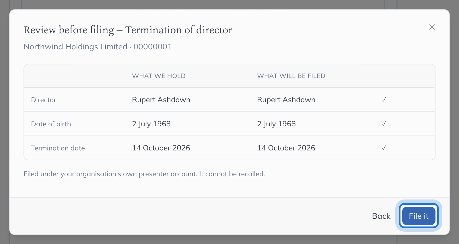 The Review before filing dialog for the termination, showing the director and the date their appointment ended.