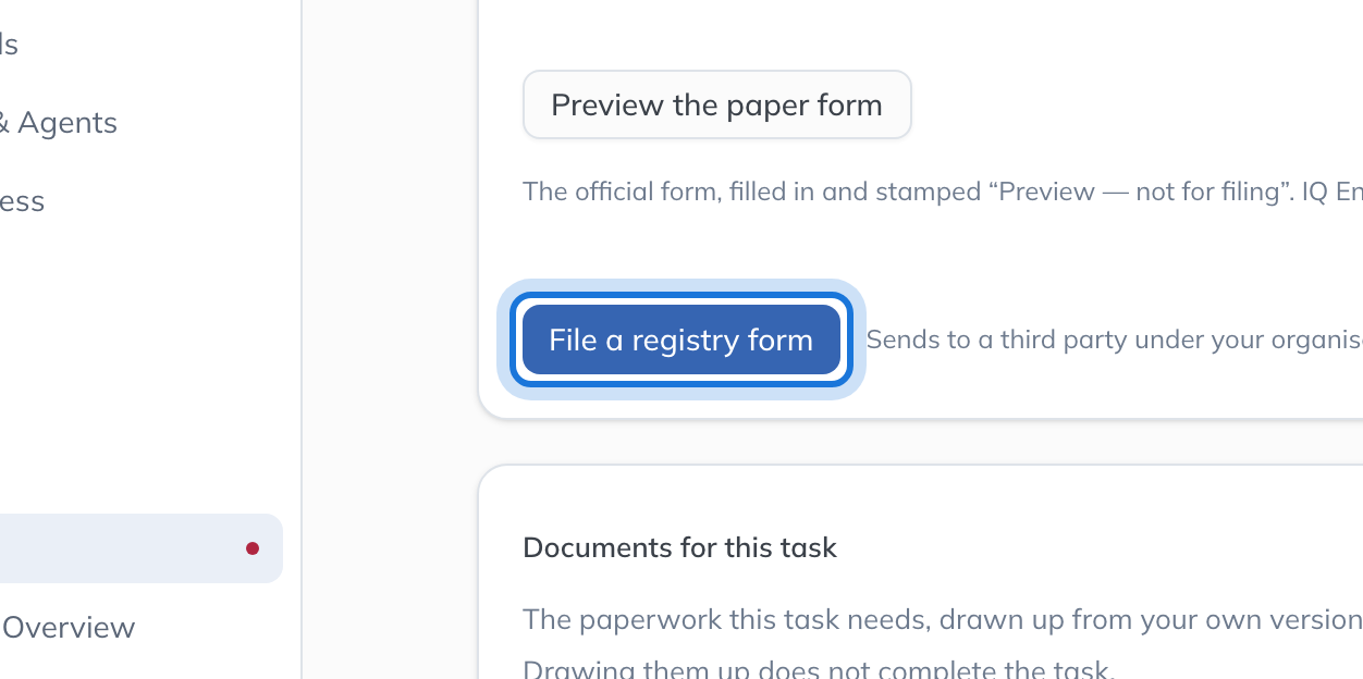 The File a registry form button on the TM01 task.