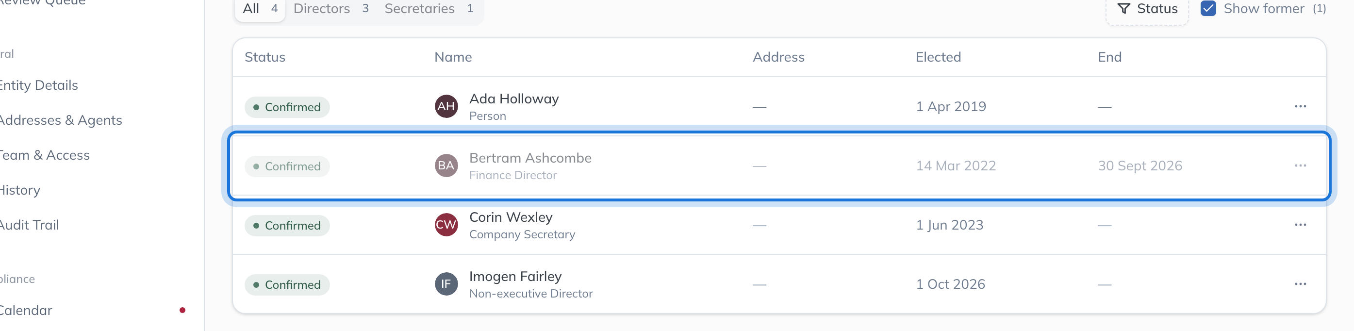 Bertram Ashcombe back on the register, dimmed as a former appointment with an end date of 30 September 2026.