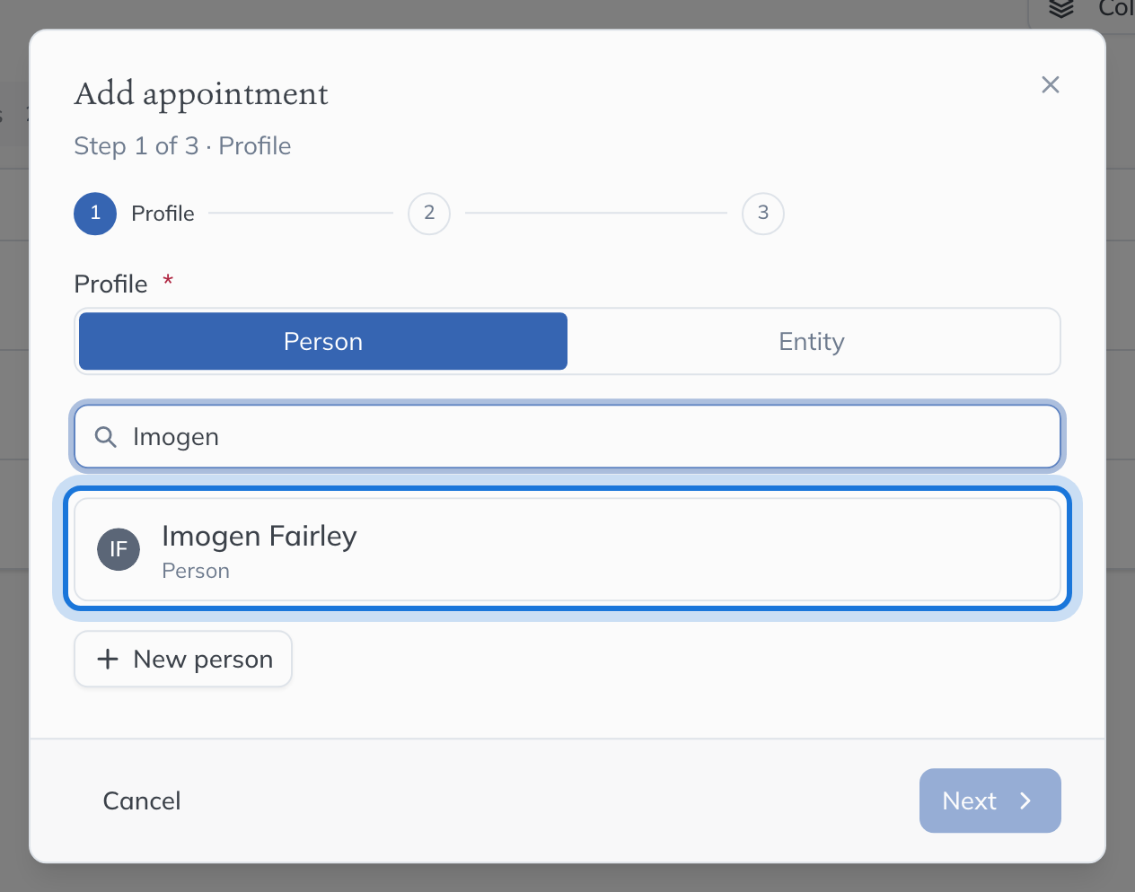 Step 1 of the Add appointment dialog, with Imogen Fairley found by searching people.