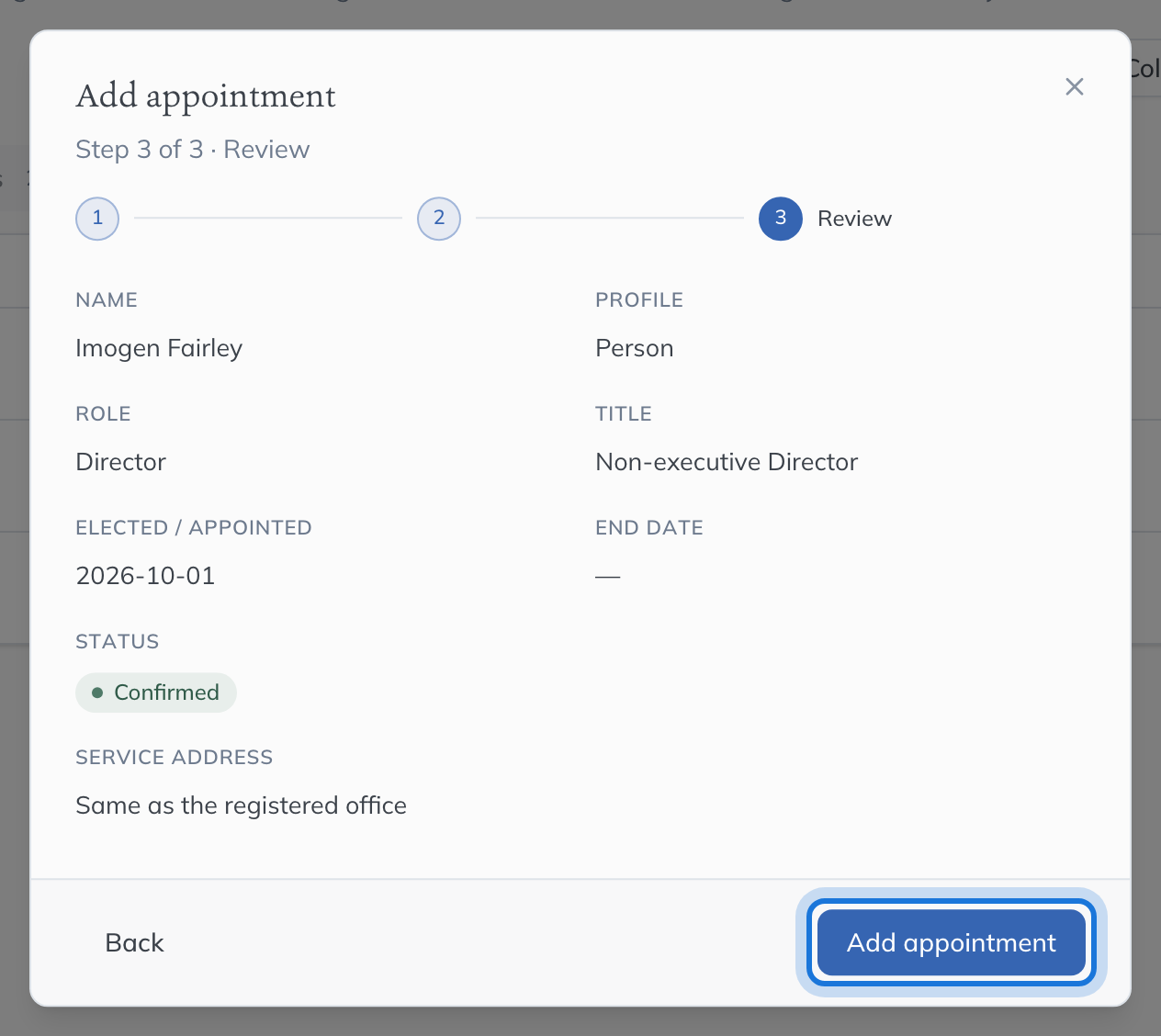 The Review step of the Add appointment dialog, summarising Imogen Fairley’s appointment as a director.