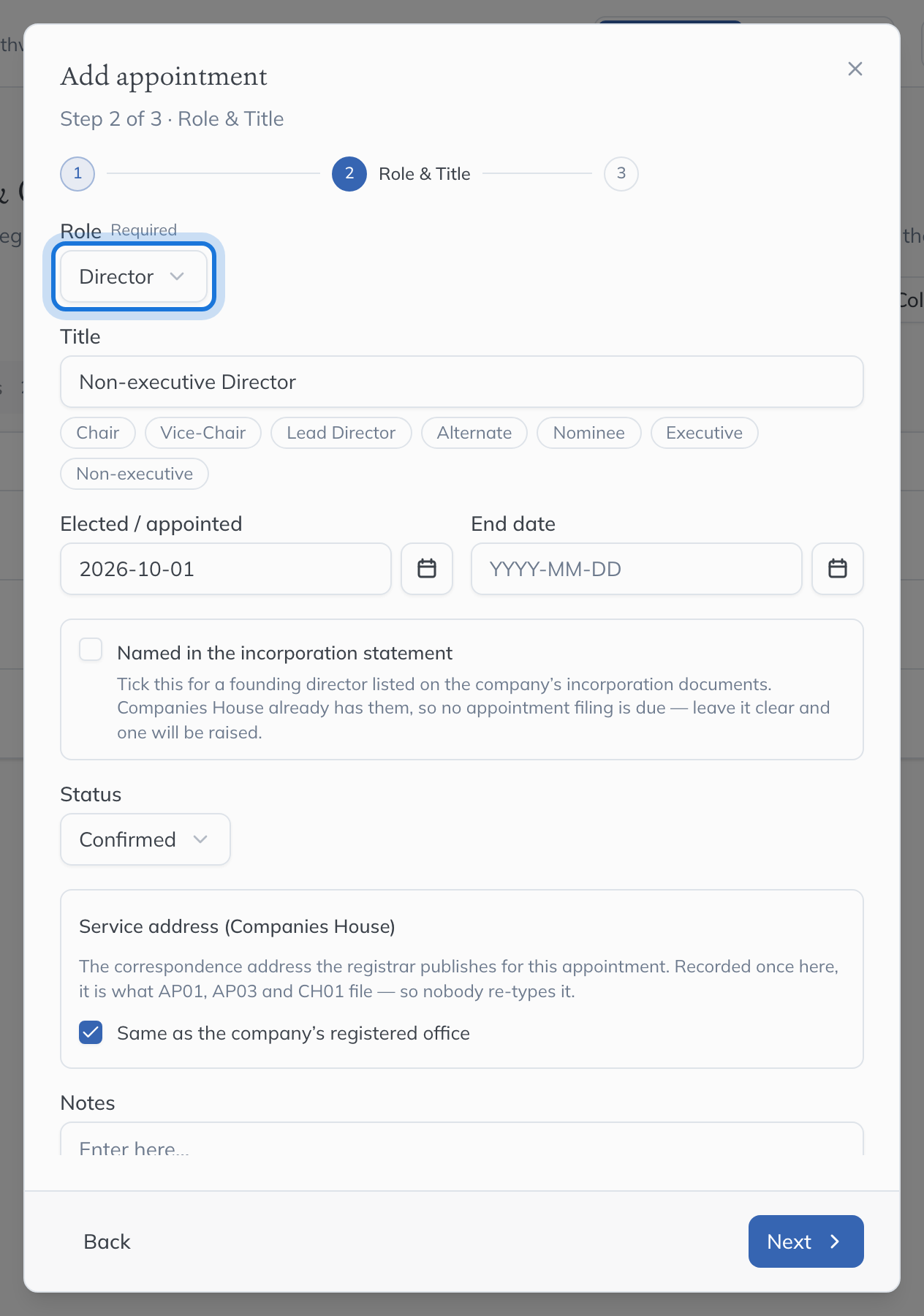 Step 2 of the Add appointment dialog: Director chosen as the role, with the title and appointment date filled in.
