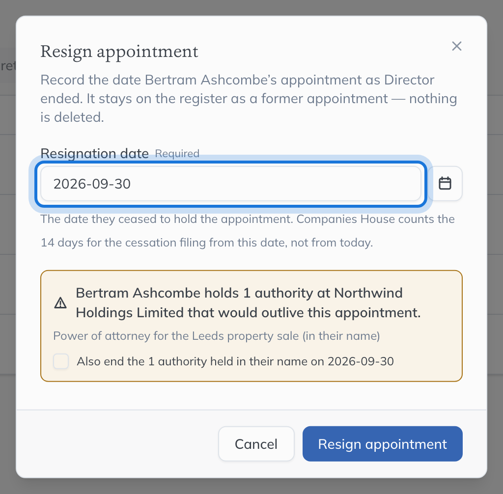 The Resign appointment dialog for Bertram Ashcombe, with the resignation date highlighted.