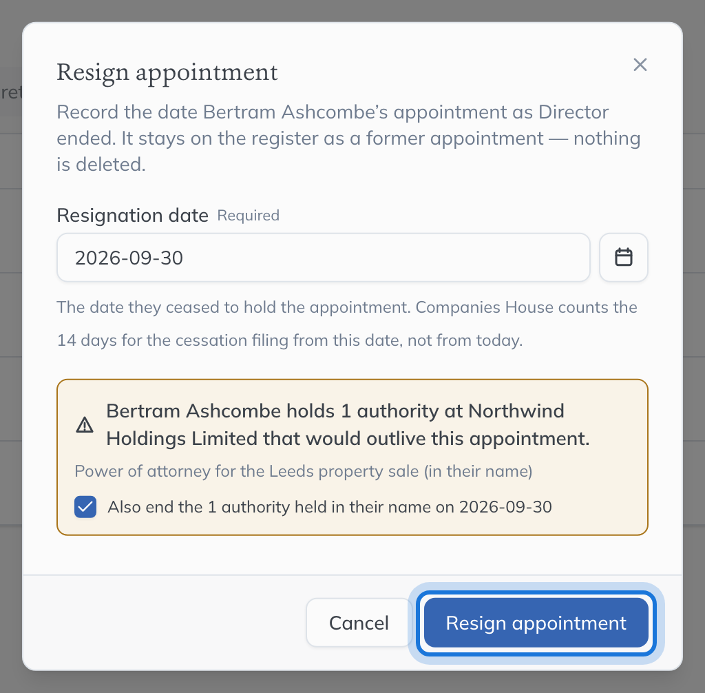 The Resign appointment dialog with the option to end the authority ticked and Resign appointment highlighted.