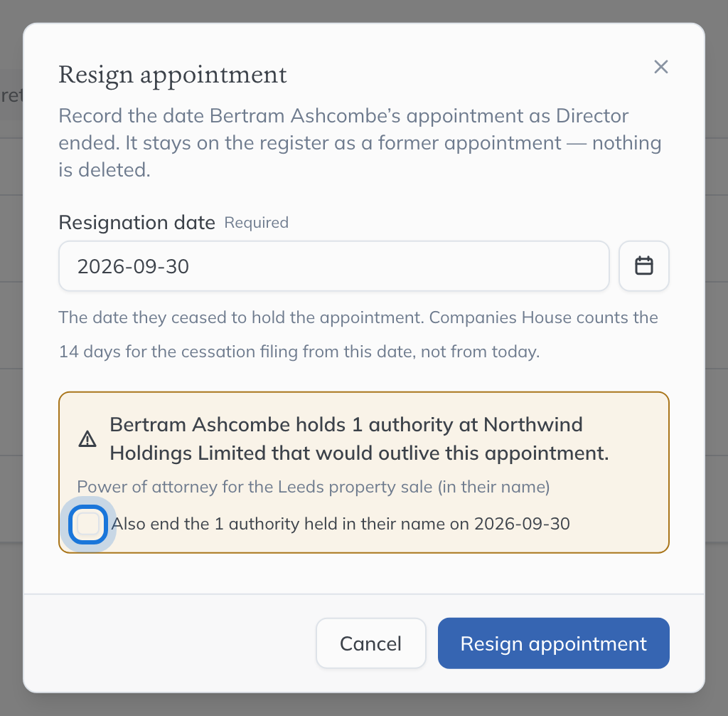 The warning that Bertram Ashcombe holds an authority that would outlive the appointment, with the option to end it on the same date highlighted.