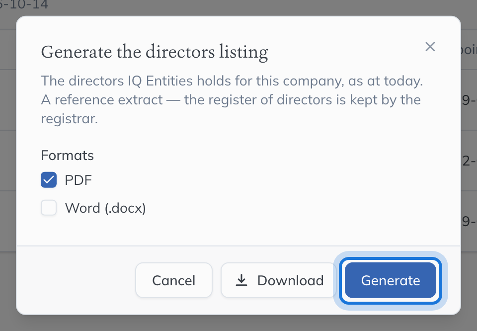 The Generate the directors listing dialog, with PDF chosen as the format.