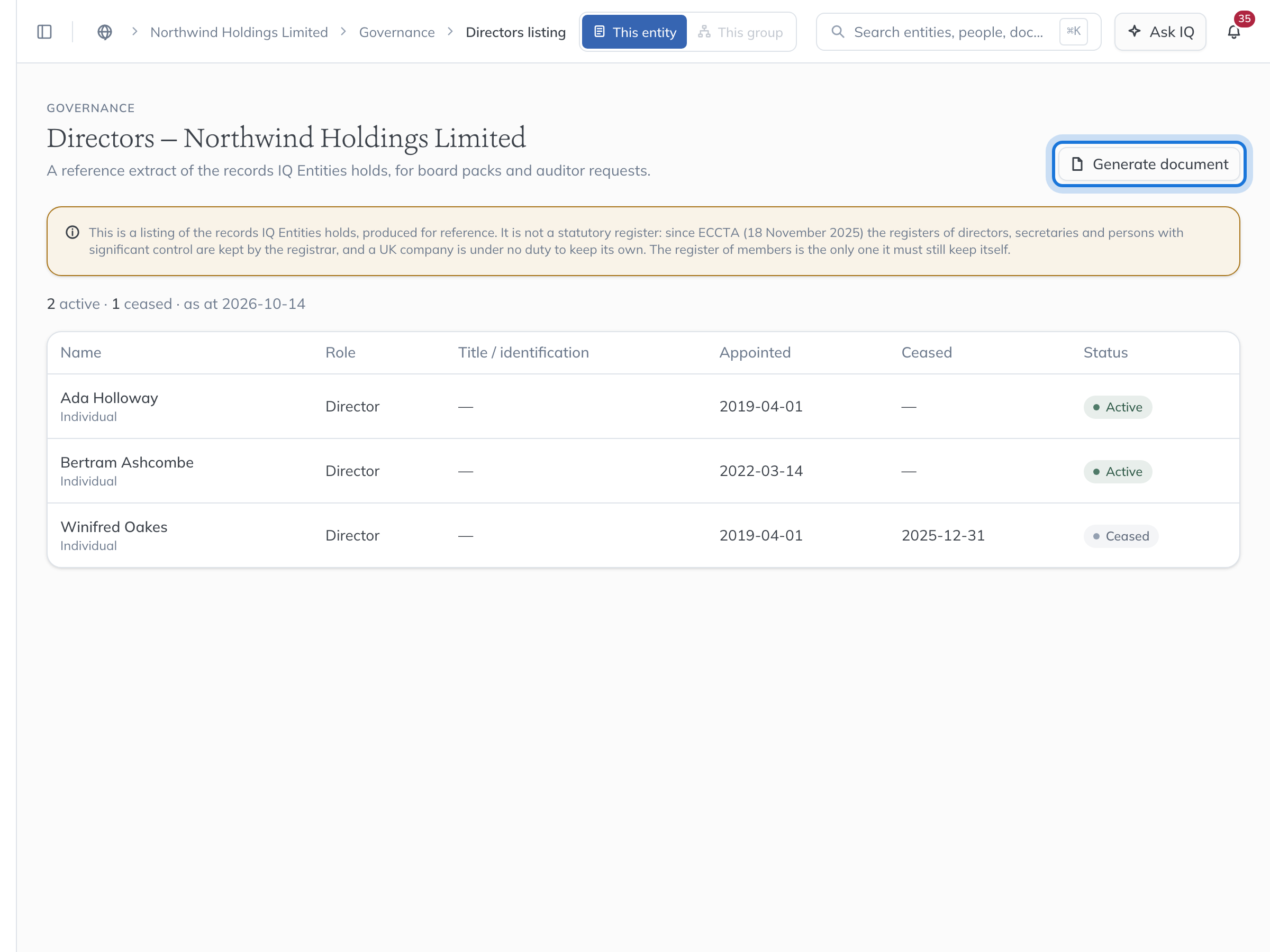 The directors listing for Northwind Holdings Limited, with current and ceased directors and Generate document highlighted.