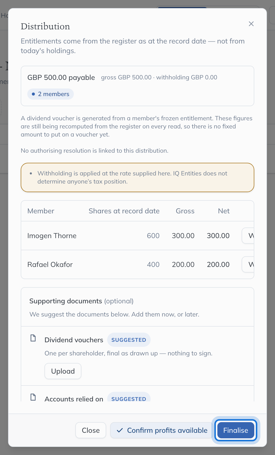 The distribution with profits confirmed, and Finalise highlighted.