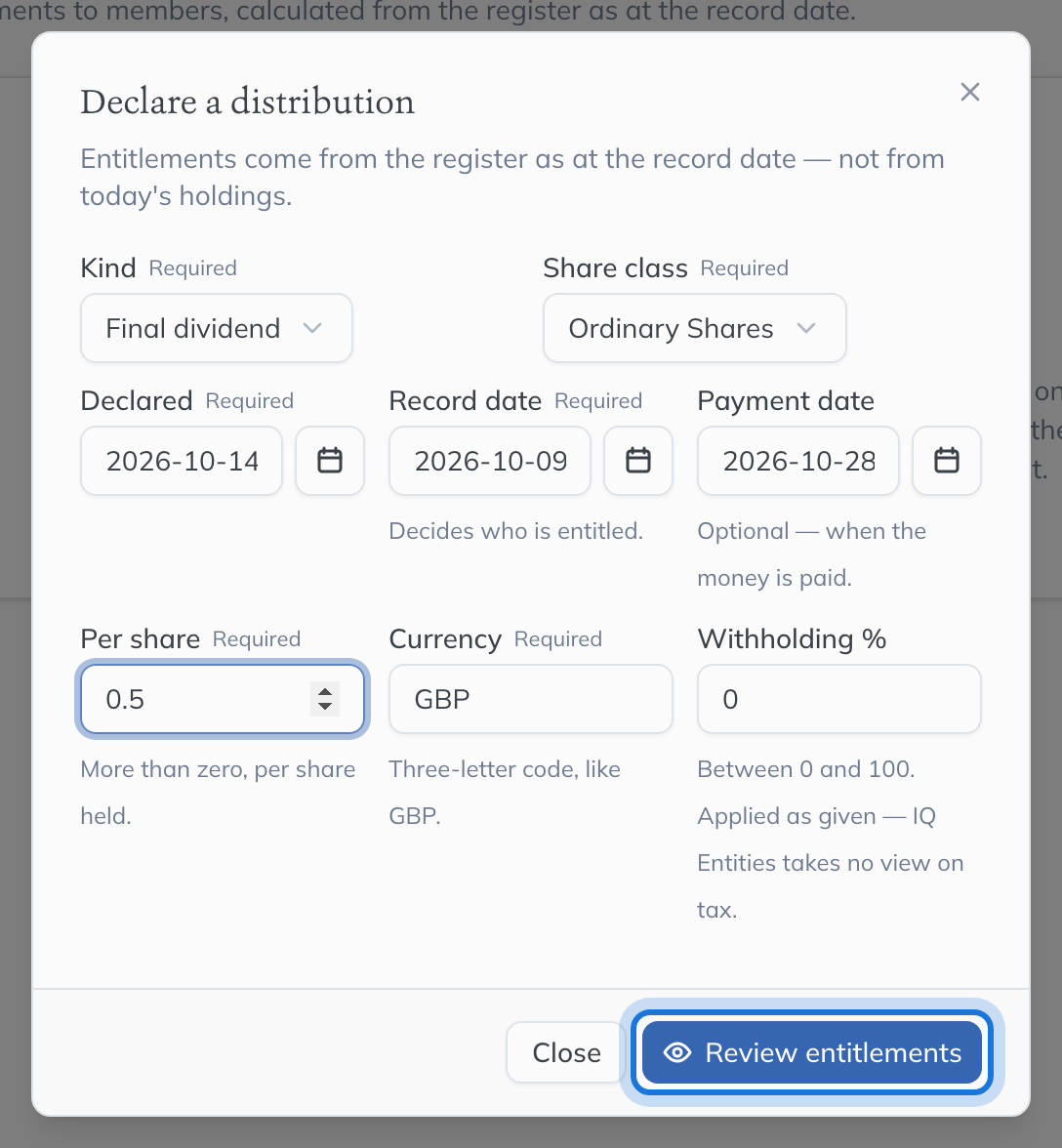 The Declare a distribution dialog: a final dividend on the Ordinary Shares of 0.50 per share, with its declared, record and payment dates.